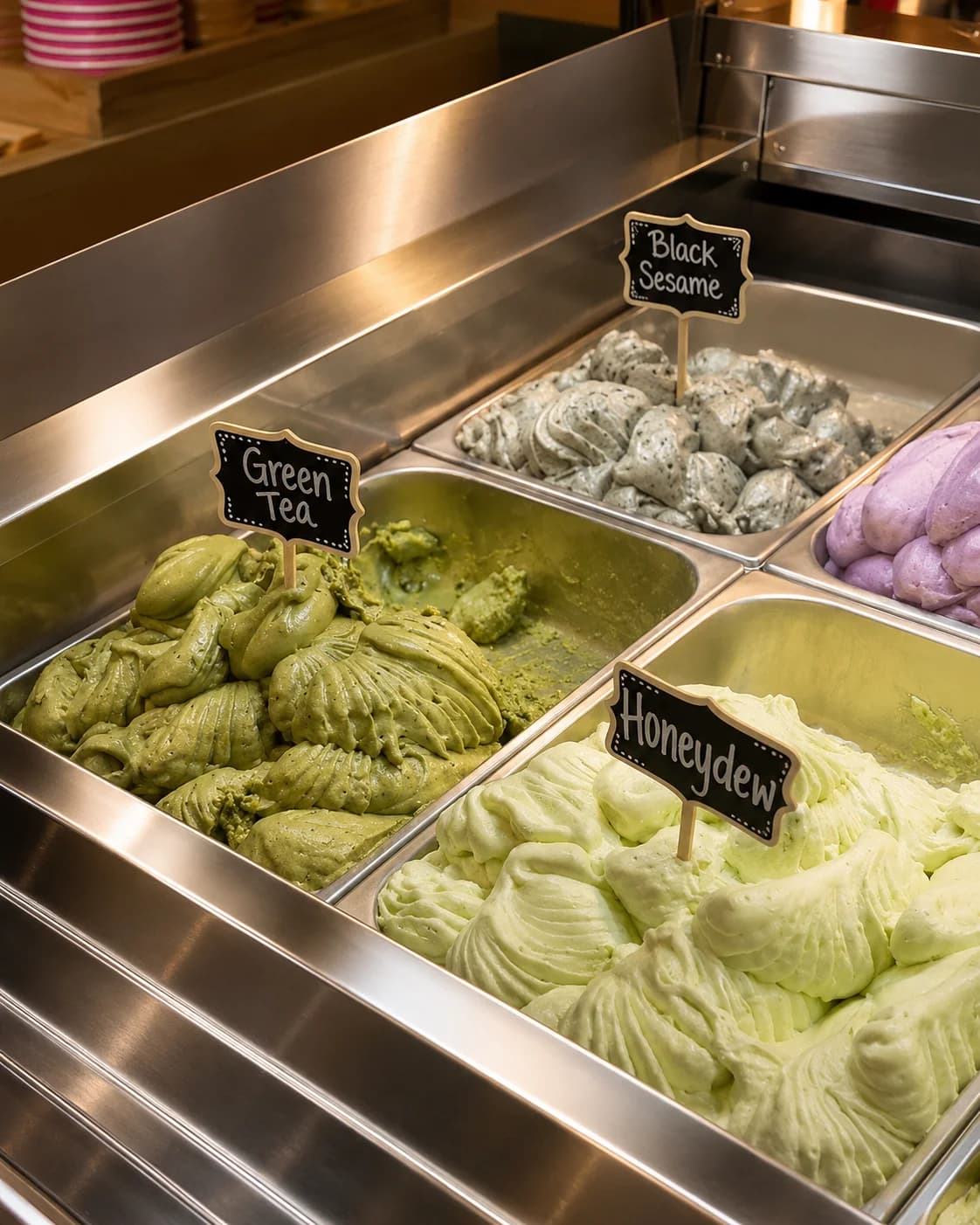 Café Hue's house-made gelato case with green tea, black sesame, and honeydew